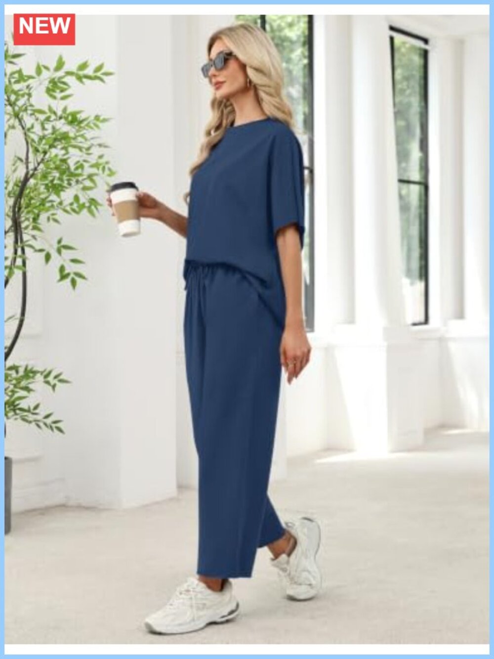 Ivicoer Two Piece Set Crewneck 3/4 Sleeve Top Wide Leg Pants Cotton Polyester - Picture 3 of 6